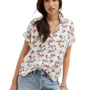 Anthropologie Pilcro Floral Embroidered Button Back Short Sleeve Blouse Large